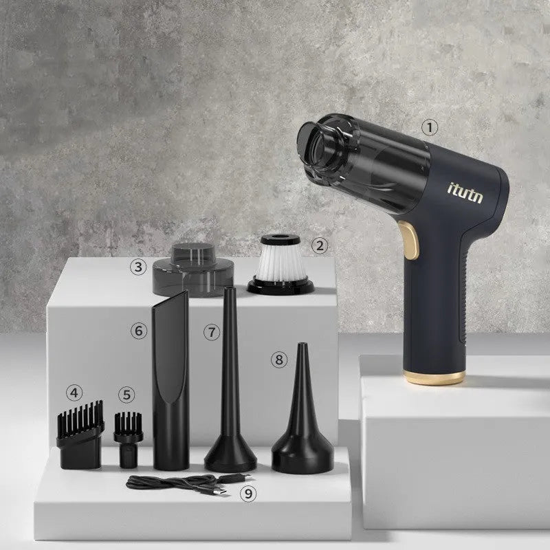 Black wireless handheld vacuum cleaner with multiple nozzle attachments for car and home cleaning