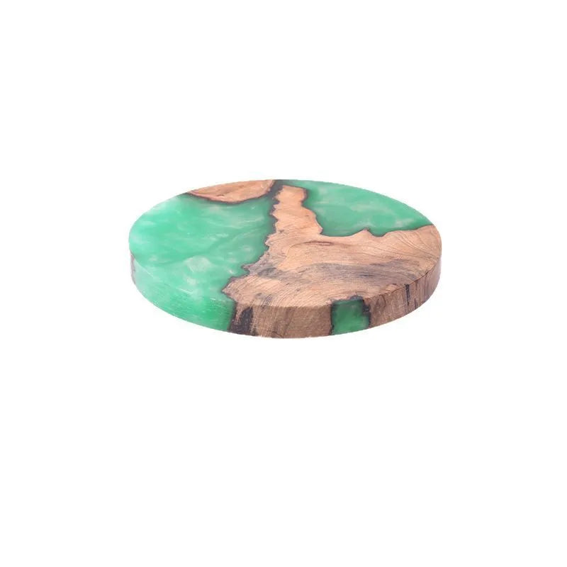Wooden Kung Fu tea coaster in green solid colour with heat insulation resin