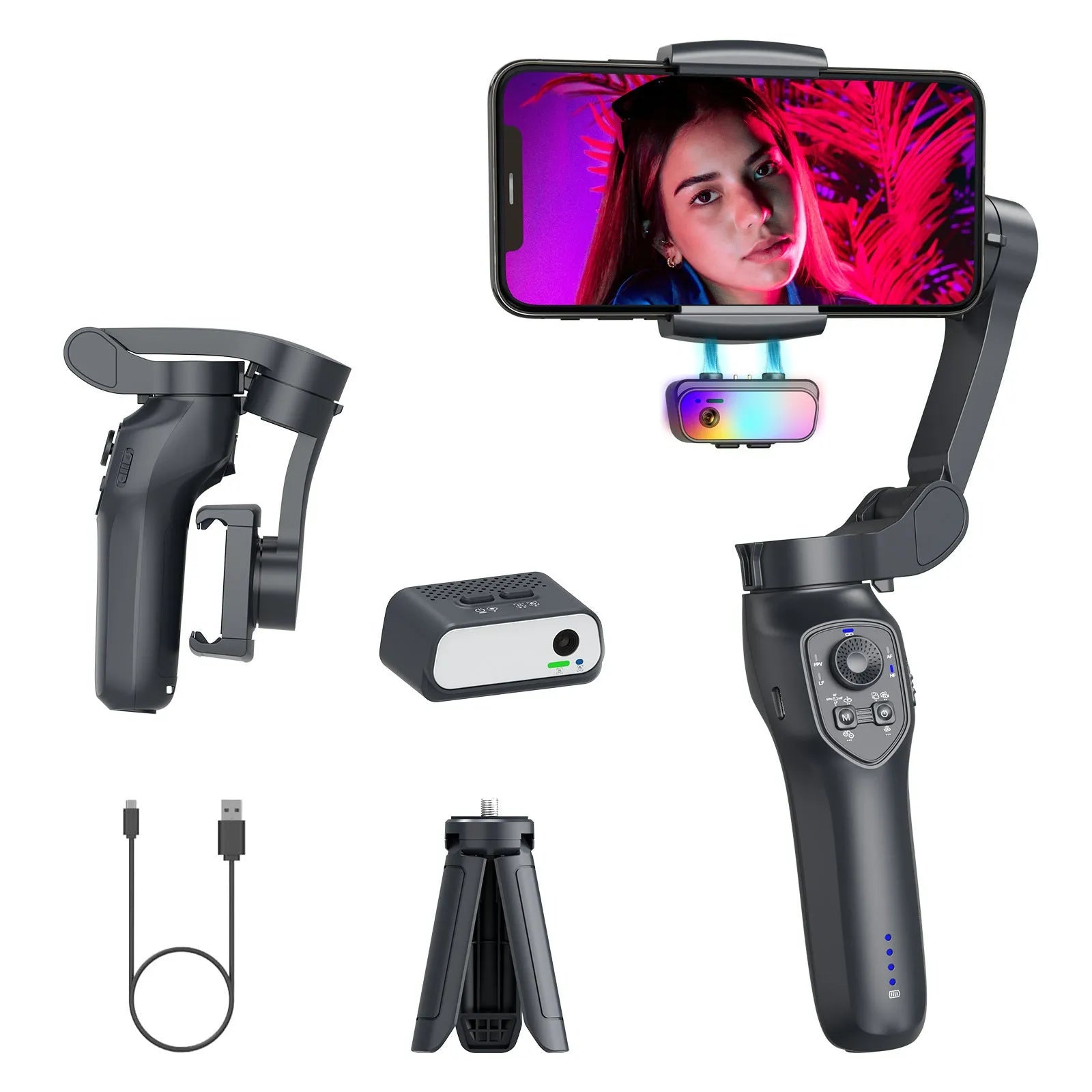 Foldable handheld camera stabiliser in gun colour with USB charging port