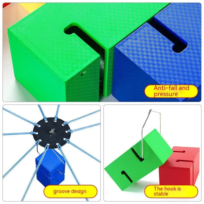 ABS team building game equipment with multiple coloured tower blocks, pull ropes, and assembly components