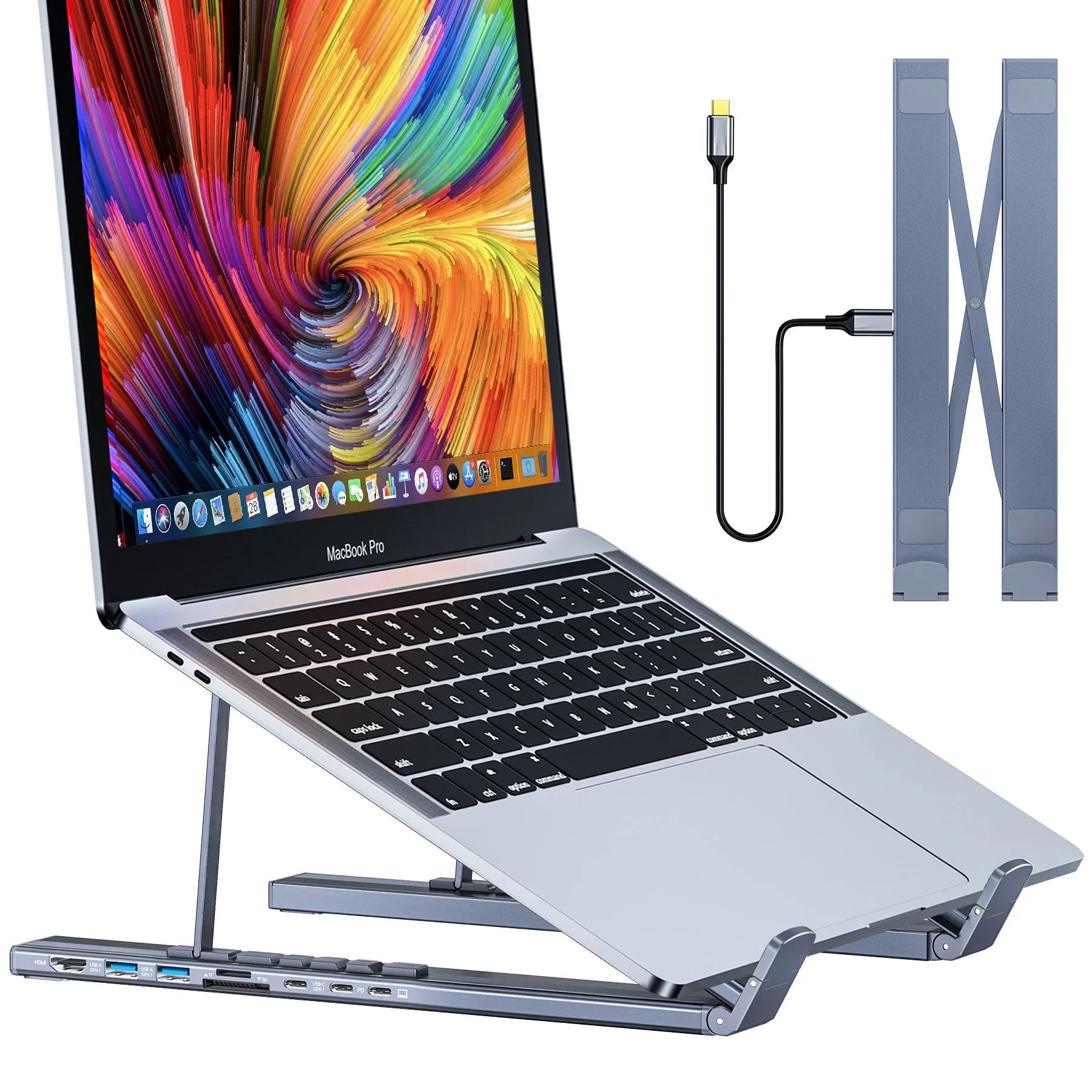 Aluminium alloy folding laptop stand with multi-port docking station in open position