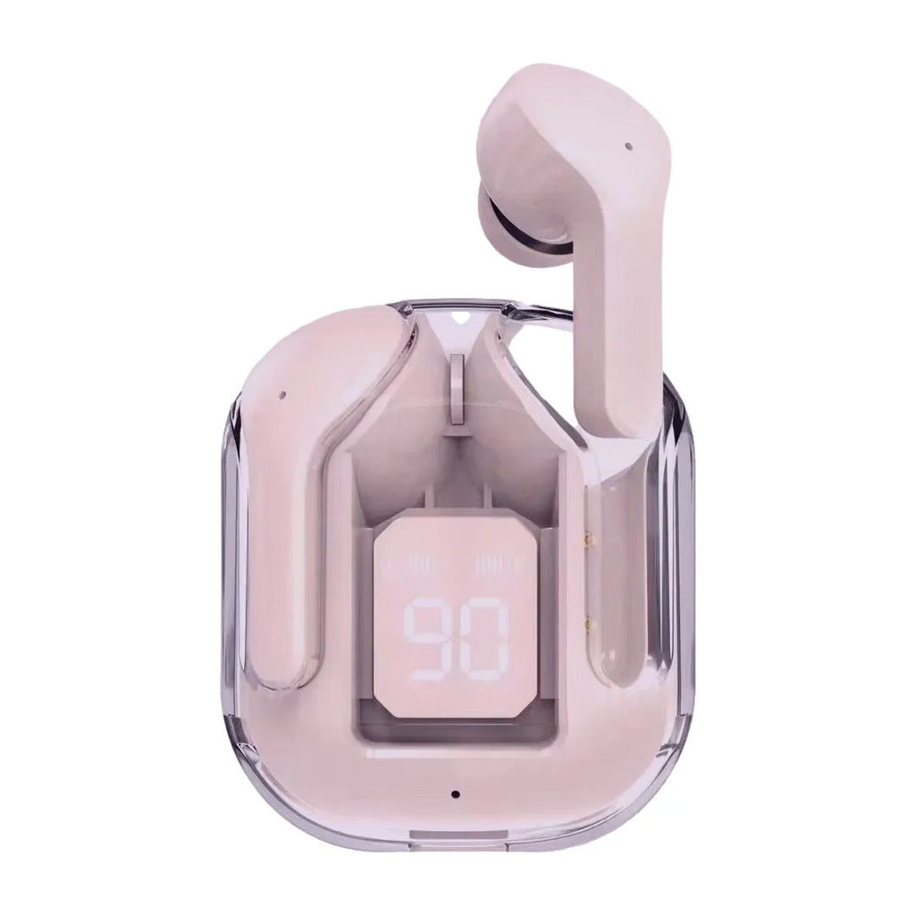 Transparent space capsule case Bluetooth earphones showing digital display screen