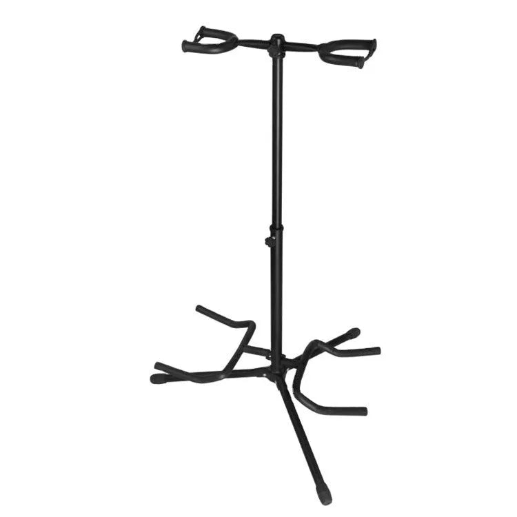Black iron vertical double-headed adjustable guitar stand holding two instruments