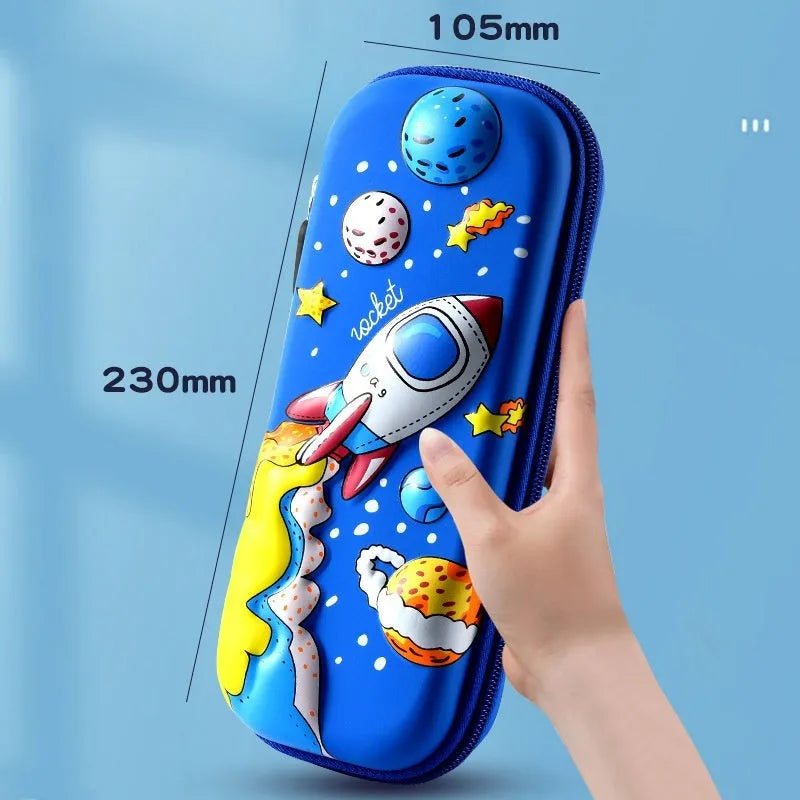 3D leather pencil case showing embossed astronaut and dinosaur design options.