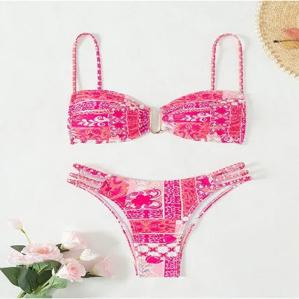 Women's floral print bikini swimsuit in high-waisted brief style.