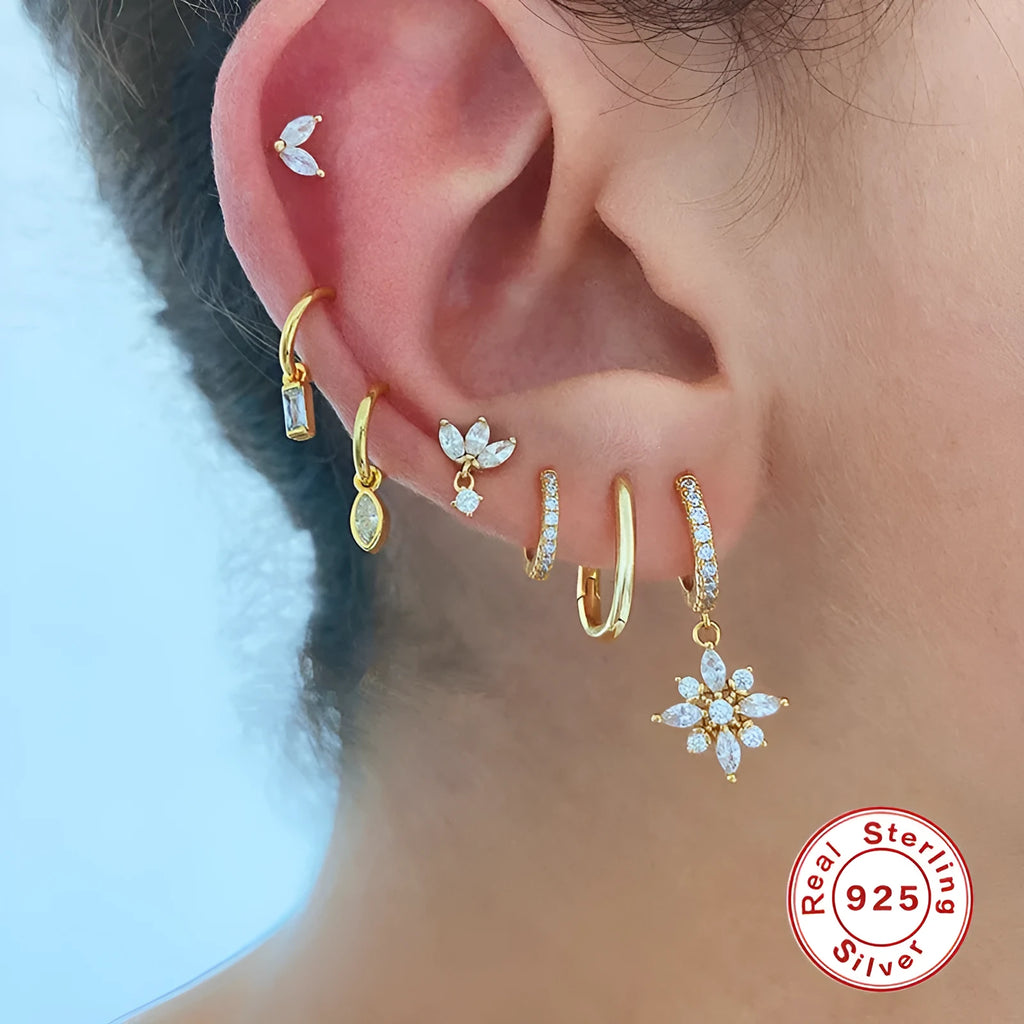 Sterling silver snowflake pendant earrings with geometric design in gold colour options