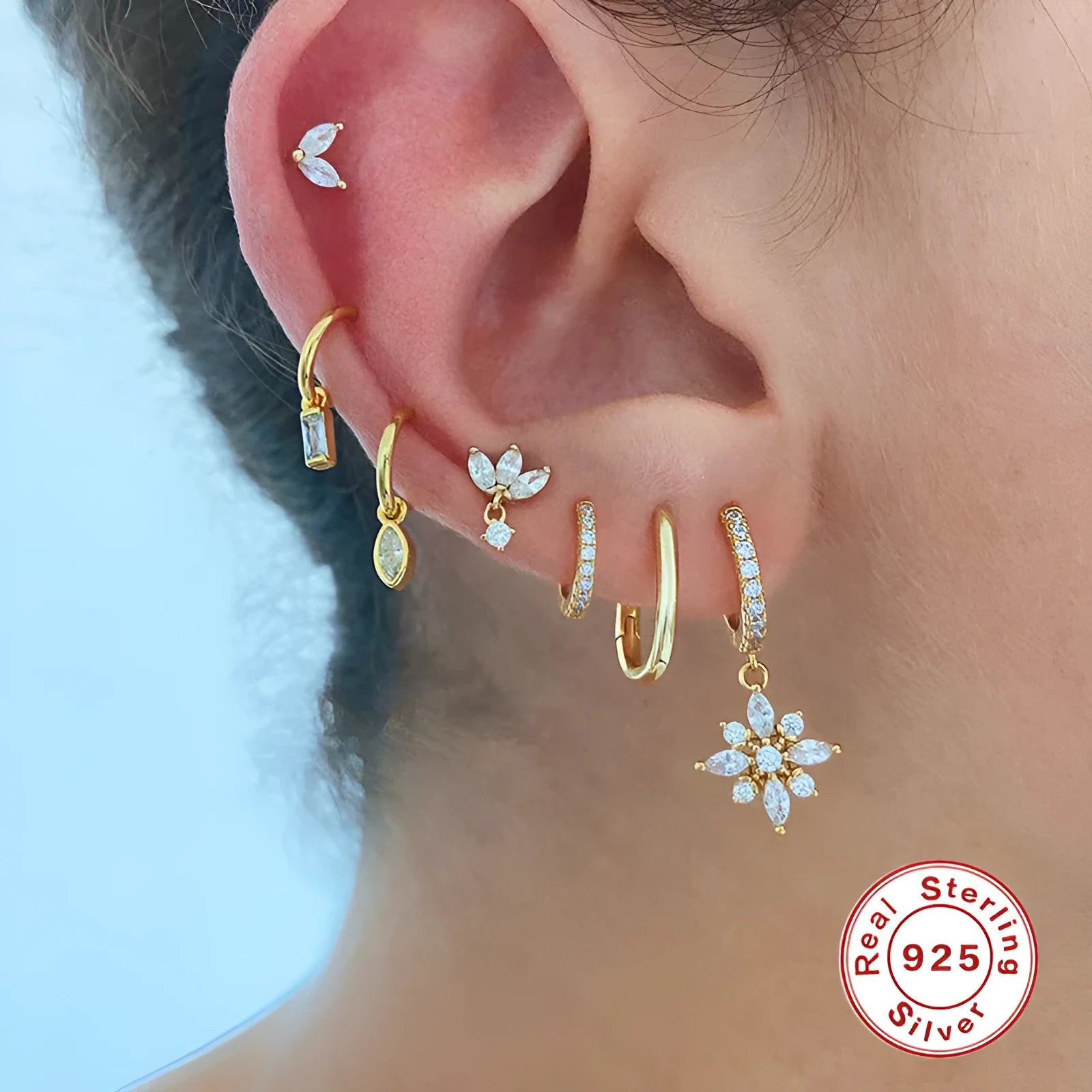 Sterling silver snowflake pendant earrings with geometric design in gold colour options