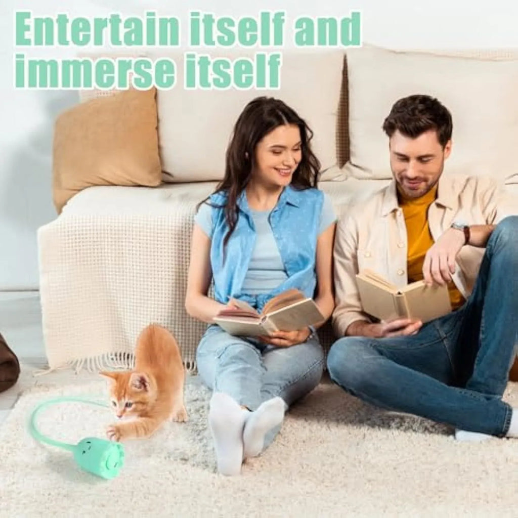 Green electronic cat wand toy with swinging silicone tails for indoor feline play