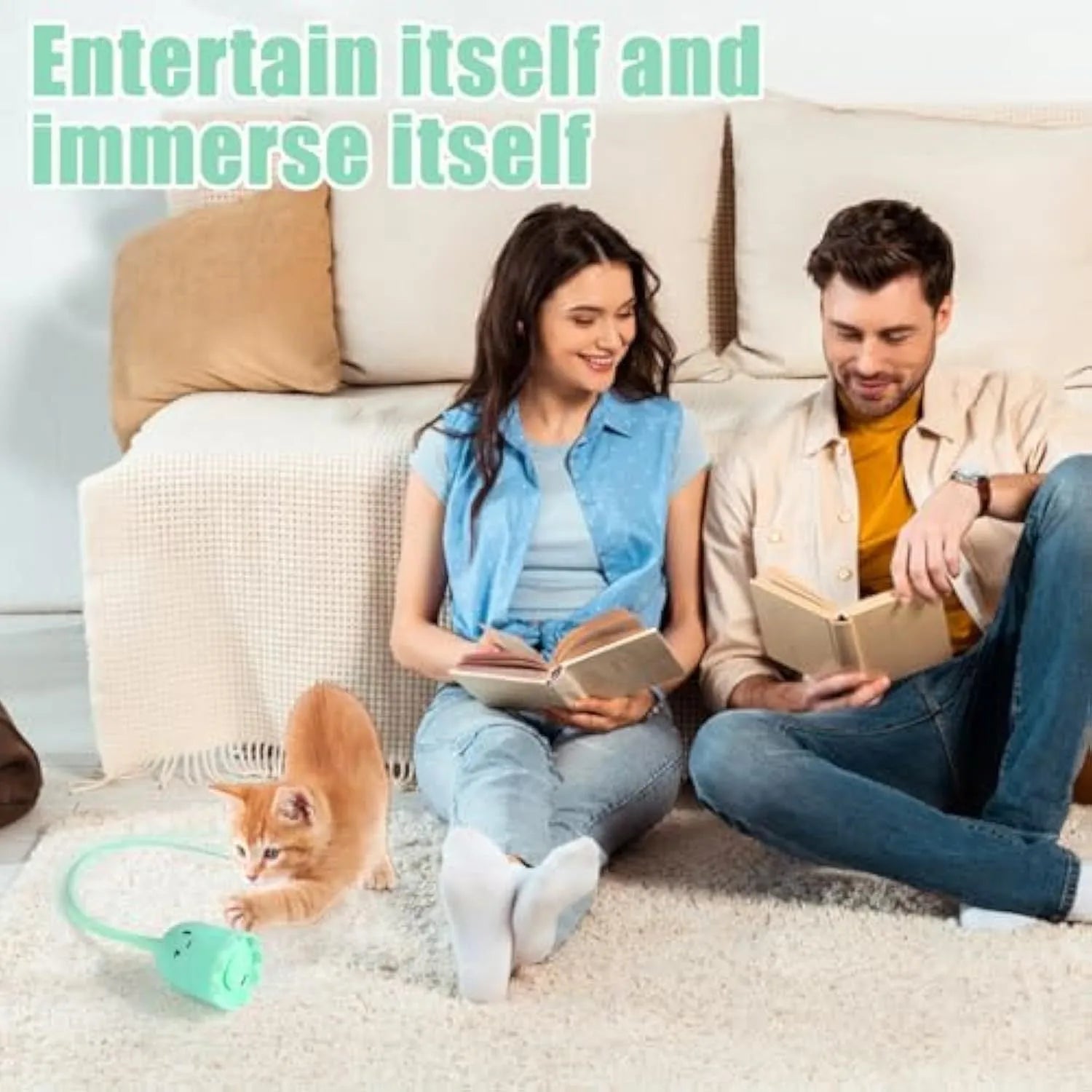 Green electronic cat wand toy with swinging silicone tails for indoor feline play