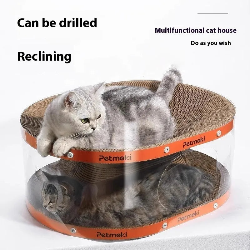 White transparent cat scratch board and tunnel nest toy measuring 58x45x23cm