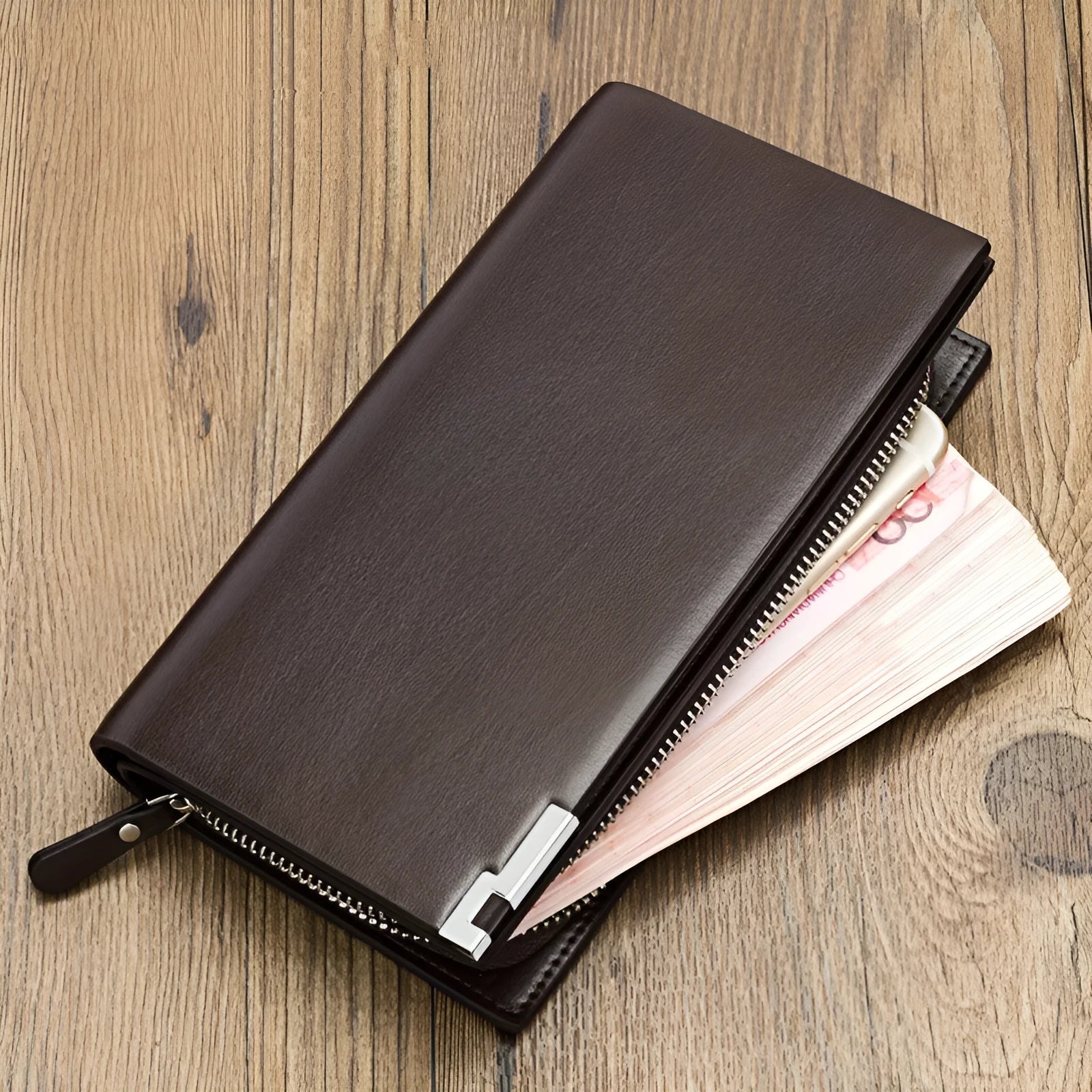 Men's long zipper wallet in black PU leather showing waterproof wear-resistant construction
