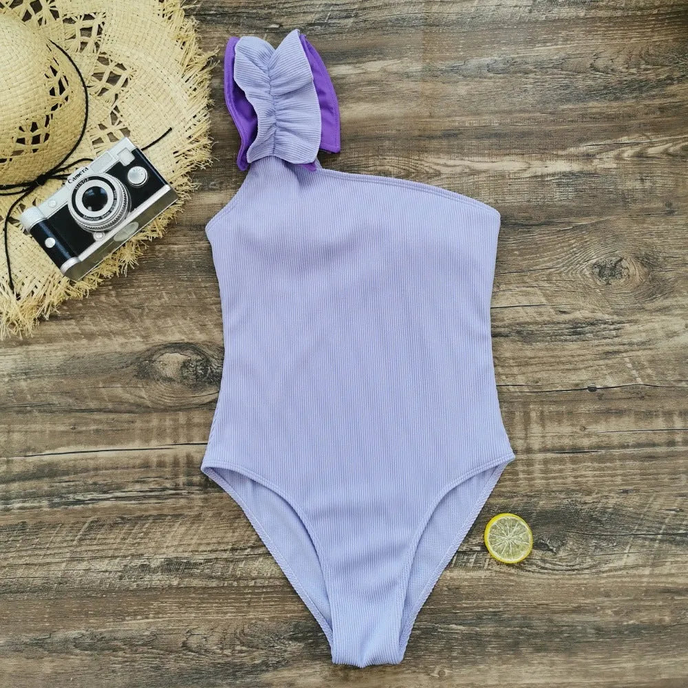 Single-shoulder suspender tube top one-piece swimsuit with high waist in solid colour