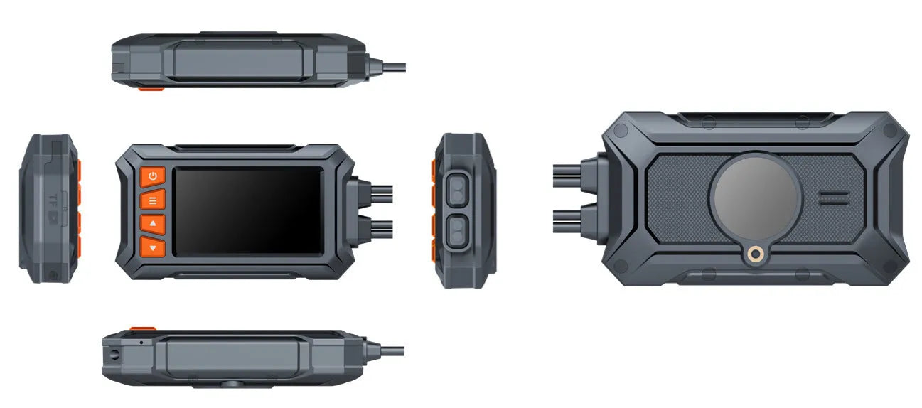 Motorcycle dual lens tachograph with 3-inch display, front and rear cameras, GPS module, and waterproof housing