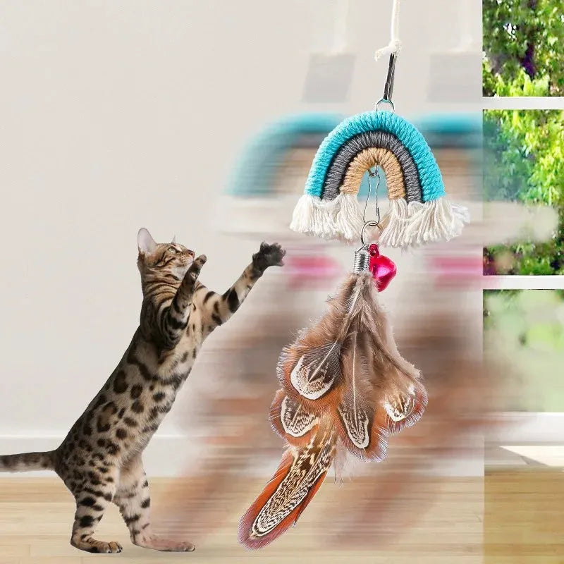 Feather cat rope door swing toy with elastic cord and sticky buckle clamp in multiple colours