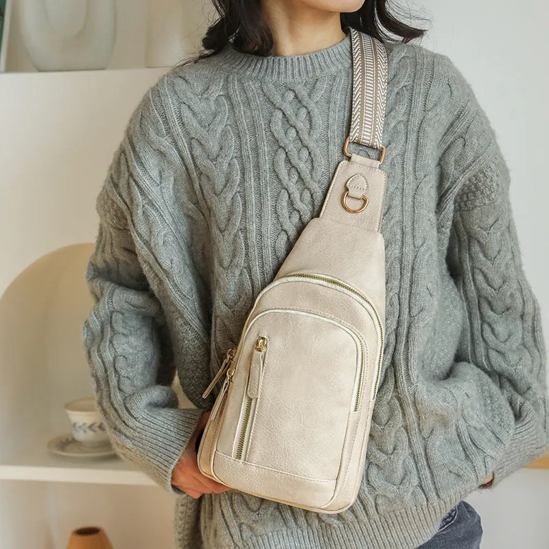Women's soft PU messenger chest bag in beige with open pocket and stitching detail