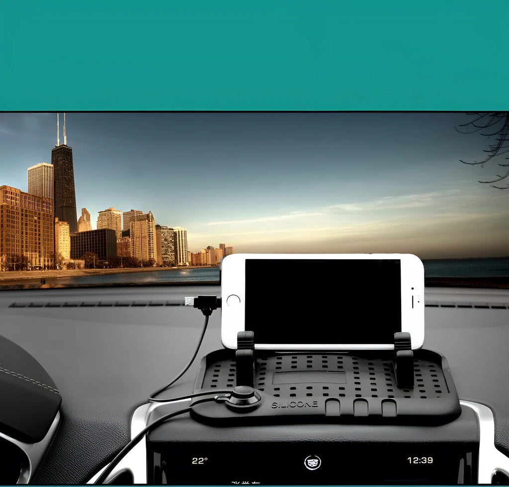 Black silicone car charging bracket mobile phone holder, 11x9.2cm, with magnetic charger and adjustable dashboard pad.