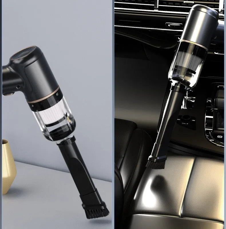 Black wireless handheld vacuum cleaner with multiple nozzle attachments for car and home cleaning