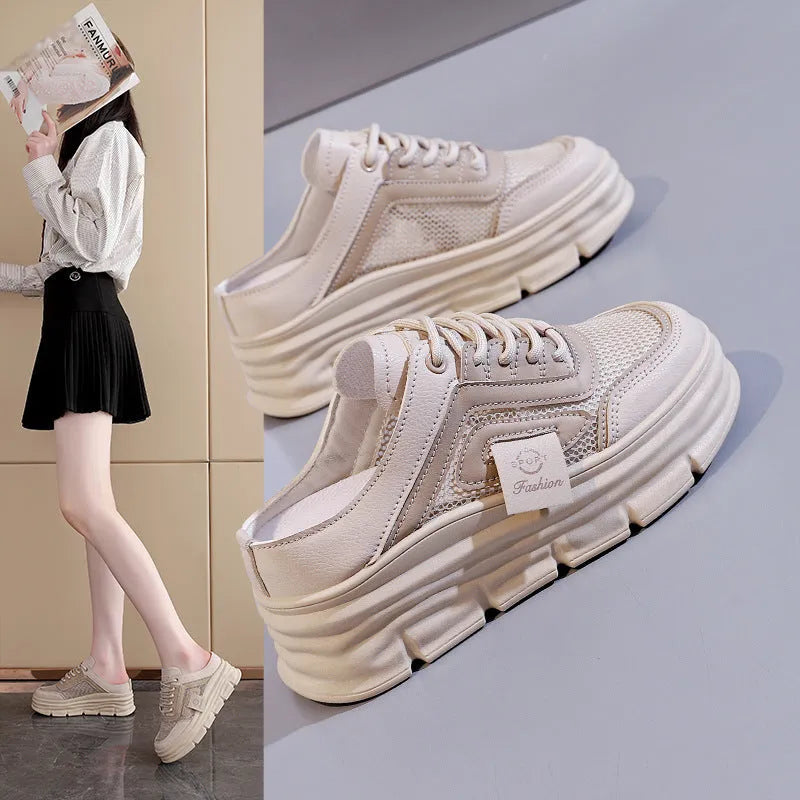 Women's casual half slippers with mesh upper and round toe in black khaki and white colors