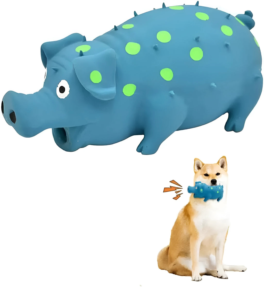 Colourful pig-shaped dog chew toy with textured surface and squeaker for teeth cleaning