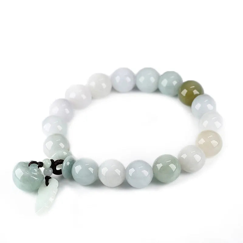 Natural emerald jade bracelet with hanging geometric beads and Buddhist elements