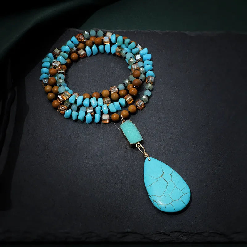 Turquoise blue heart-shaped pendant necklace with mixed gemstone inlay on 81cm ball bead chain