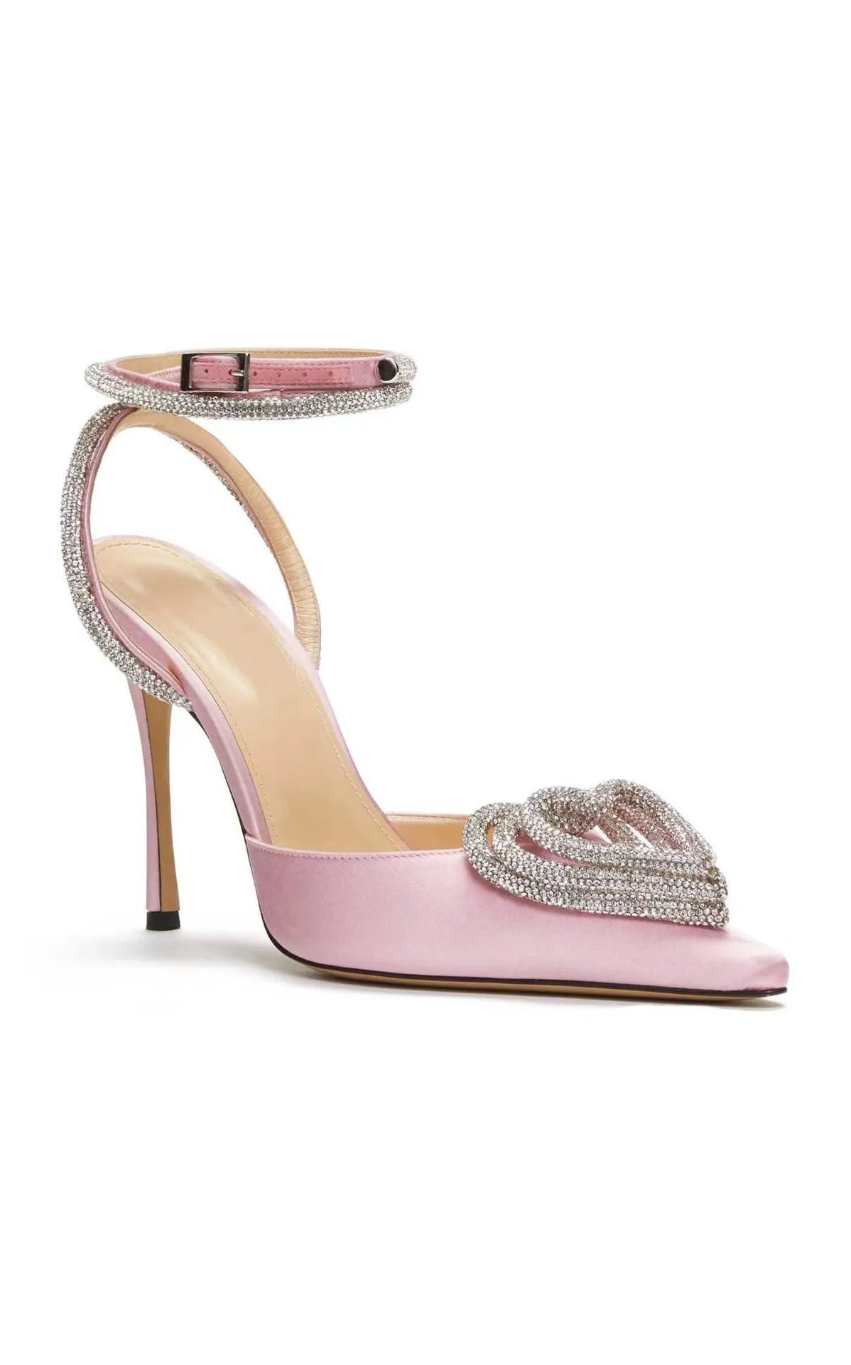 Women's pointed toe satin sandals with heart rhinestone decoration and 9.5cm ribbon ankle strap