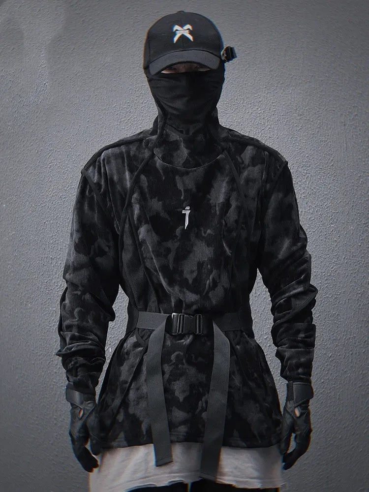 Men's black and grey tie dye pattern sweater with a finger turtleneck collar and drop shoulders.