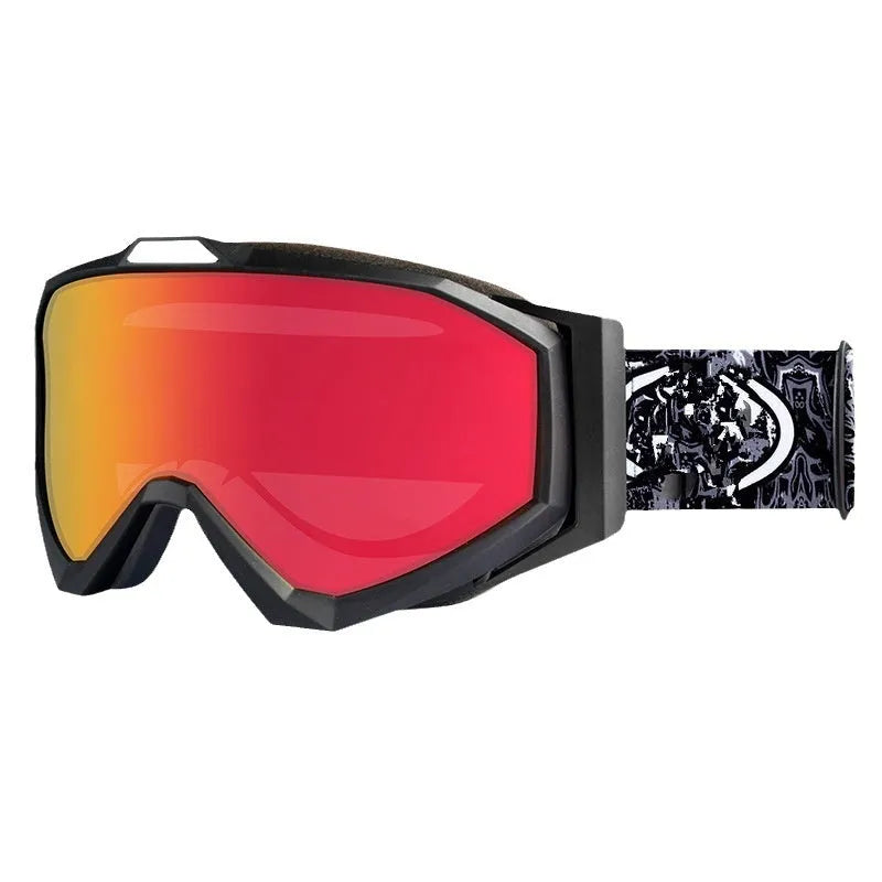 Motorcycle goggles with double layer anti-fog lens in various colour options including black, red and blue frames