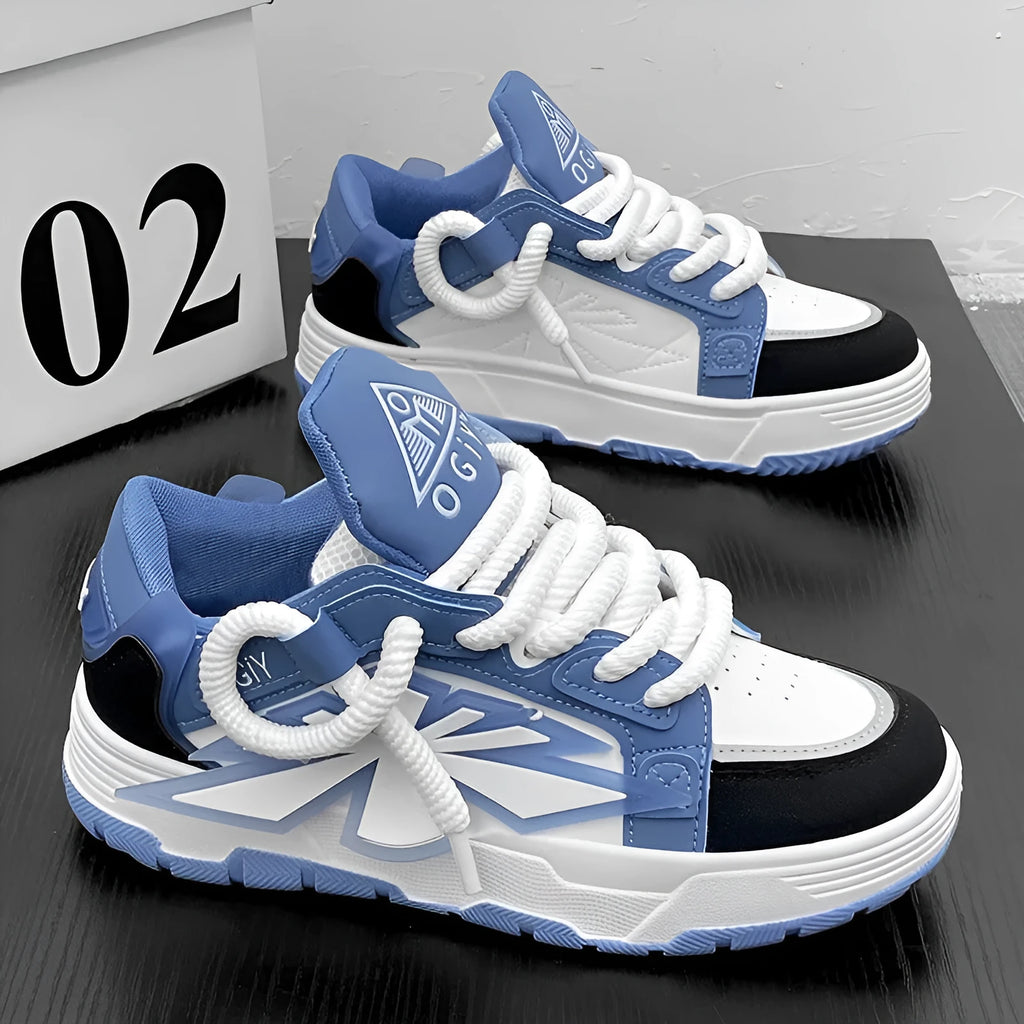 Men's white thick bottom chunky sneakers with lace-up front and round toe.