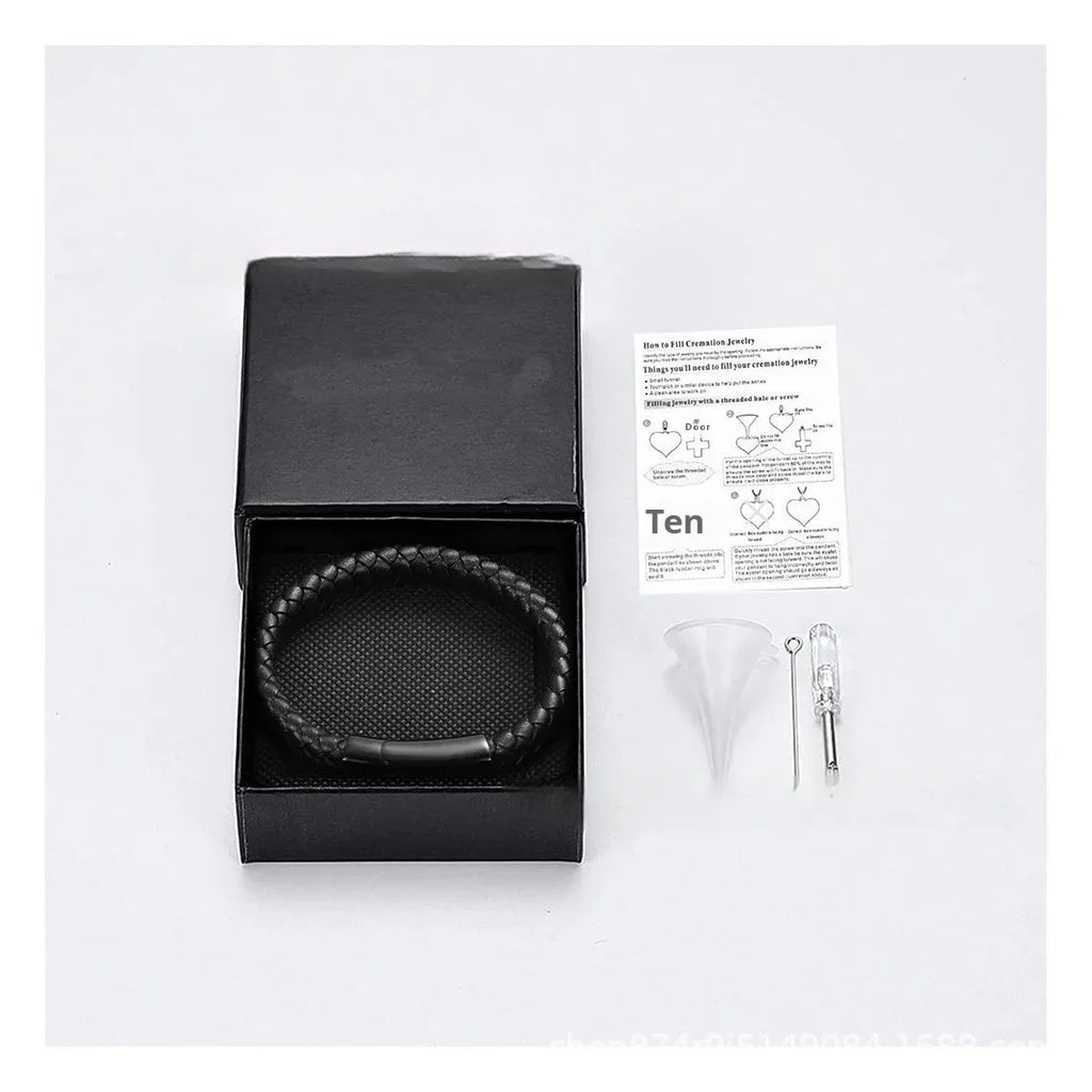 Black leather and stainless steel cinerary bracelet with weaving construction for travel commemoration