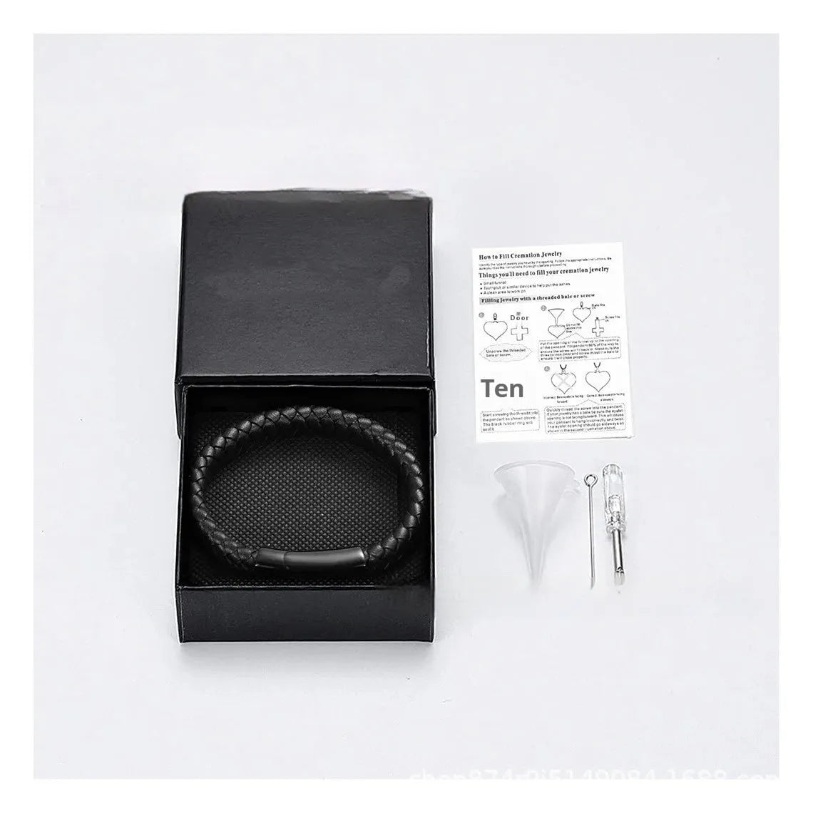 Black leather and stainless steel cinerary bracelet with weaving construction for travel commemoration