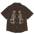 Brown striped Cuban collar short sleeve shirt for outdoor activities