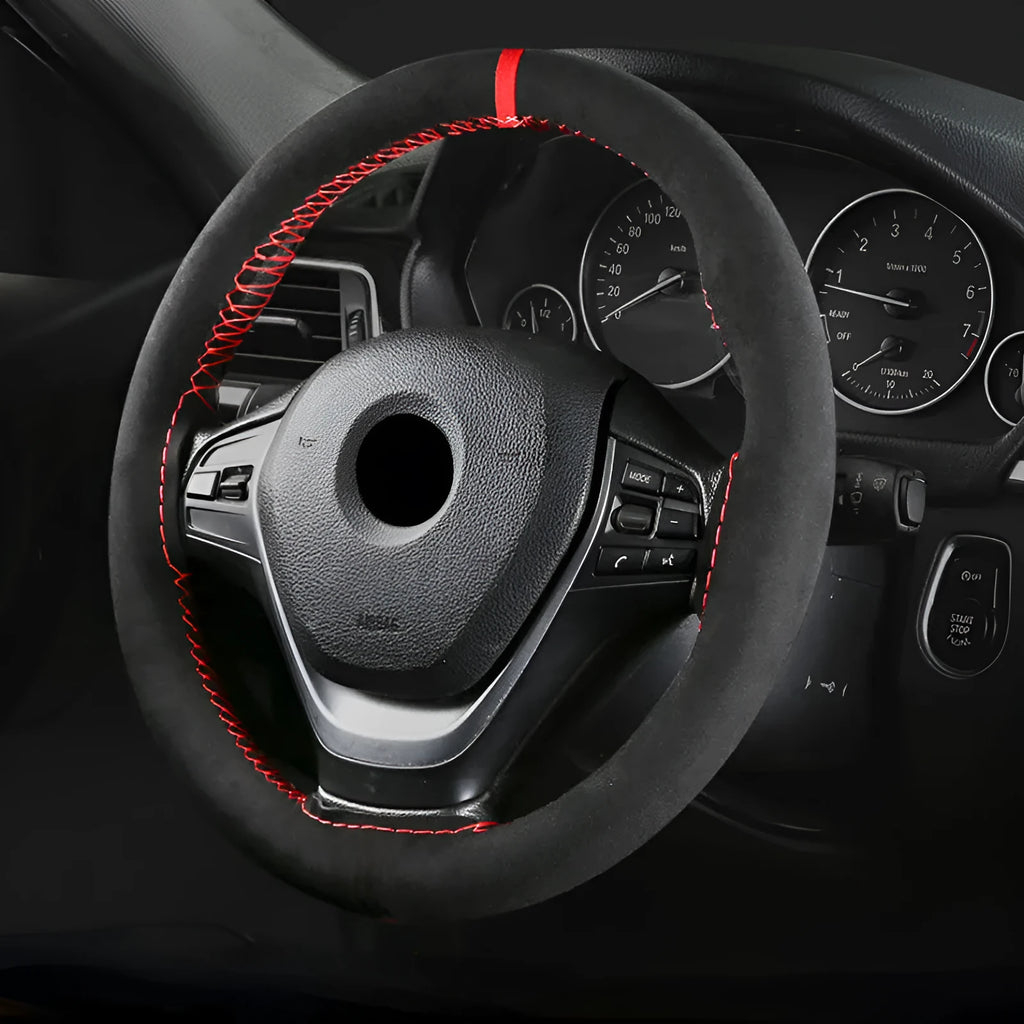 Black wool microfiber steering wheel cover with suede material on car steering wheel