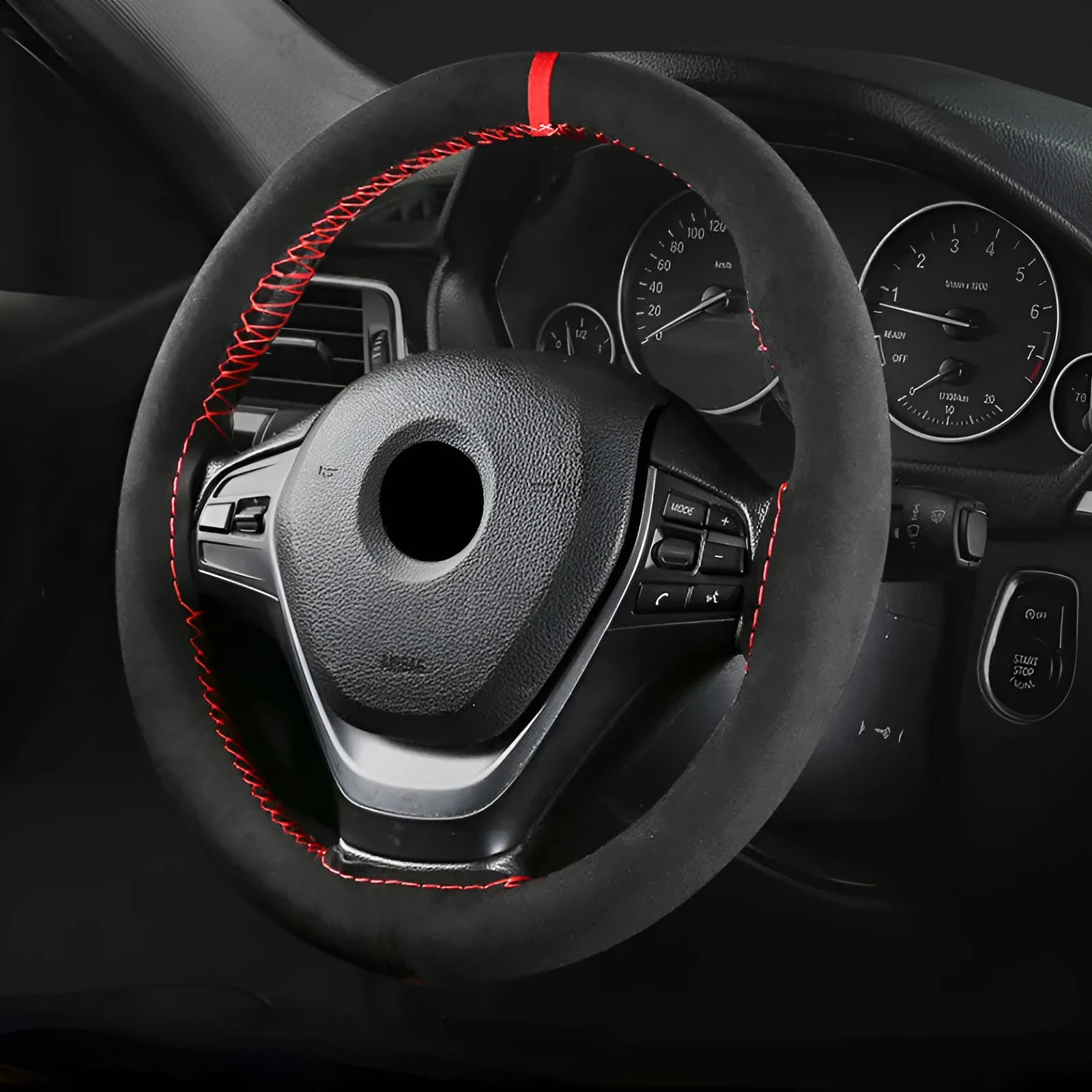 Black wool microfiber steering wheel cover with suede material on car steering wheel