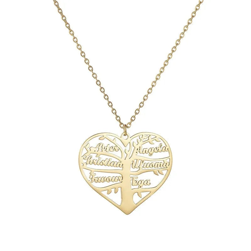 Custom stainless steel necklace with hollow heart and lucky tree pendant, shown in silver, gold, and rose gold finishes.