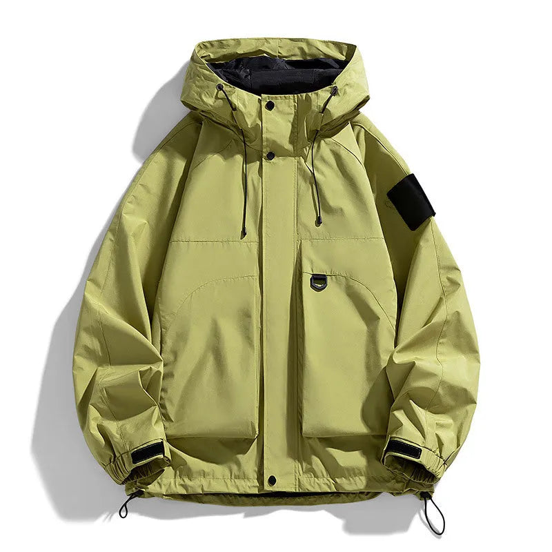 Men's waterproof windproof hooded coat in black colour showing regular length and long sleeve design