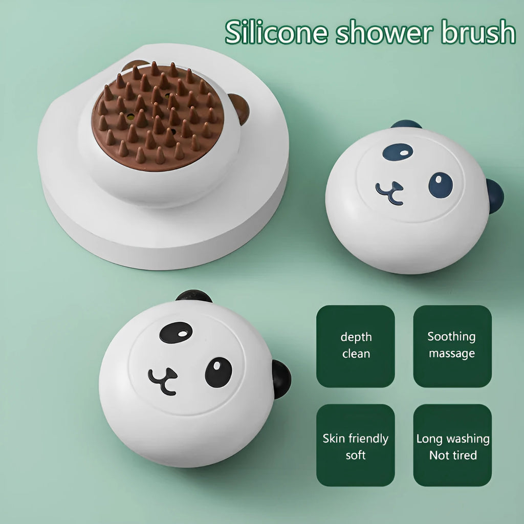 Panda-shaped silicone pet bath brush with soft bristles for cats and dogs in blue.