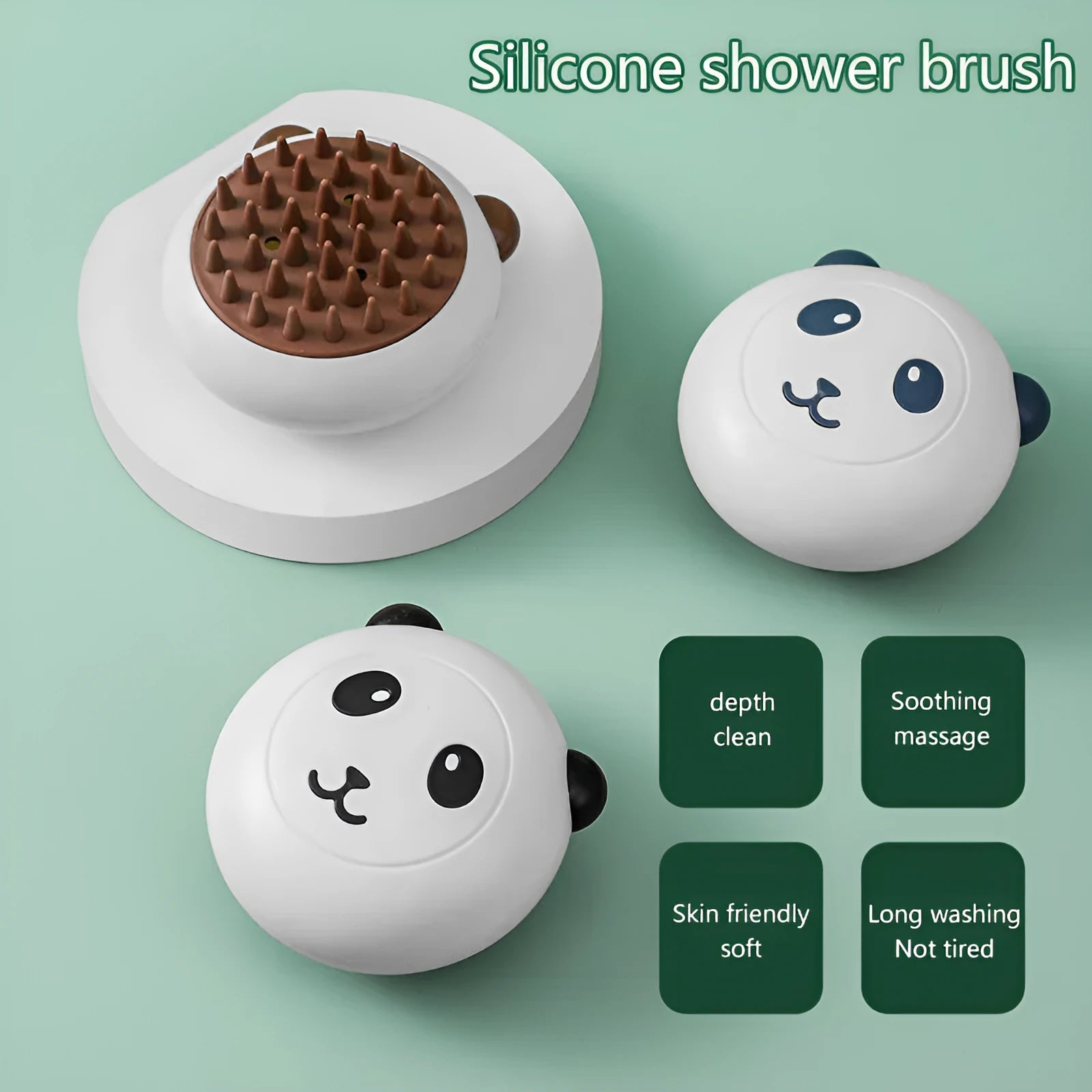 Panda-shaped silicone pet bath brush with soft bristles for cats and dogs in blue.