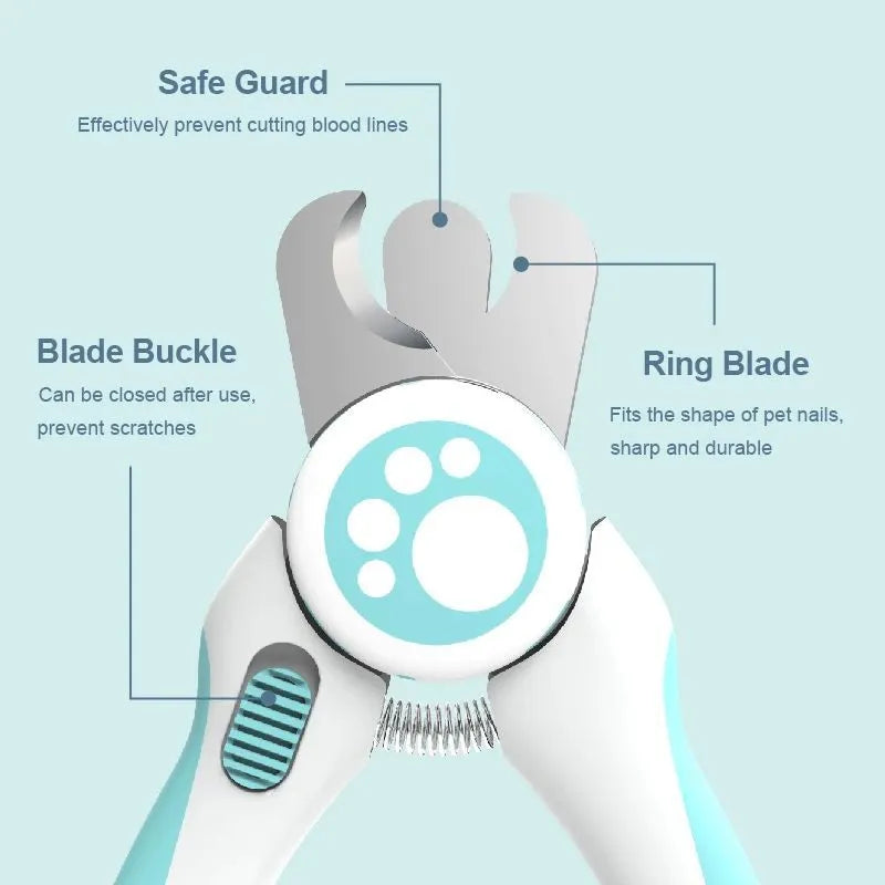Blue and white pet nail clippers with 3.5mm stainless steel blade, 56 x 160mm, safety stop, for dogs and cats