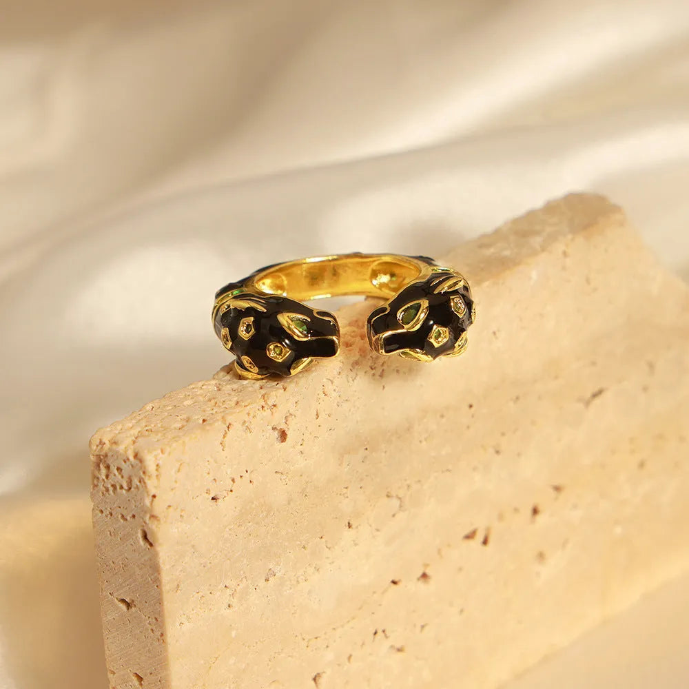 Geometric open ring with black electroplated cheetah pattern, size no.7 copper jewellery