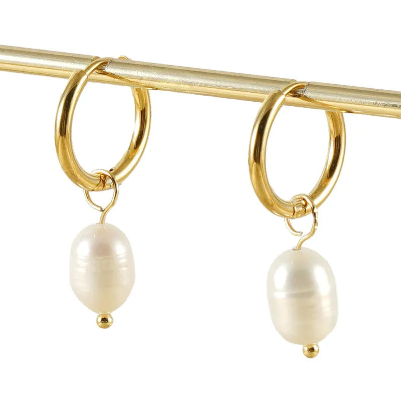 Gold geometric women's earrings with pearl accent on titanium steel posts