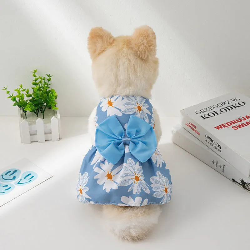 Orange floral butterfly knot princess dress on dog showing ultra-thin summer pet clothing