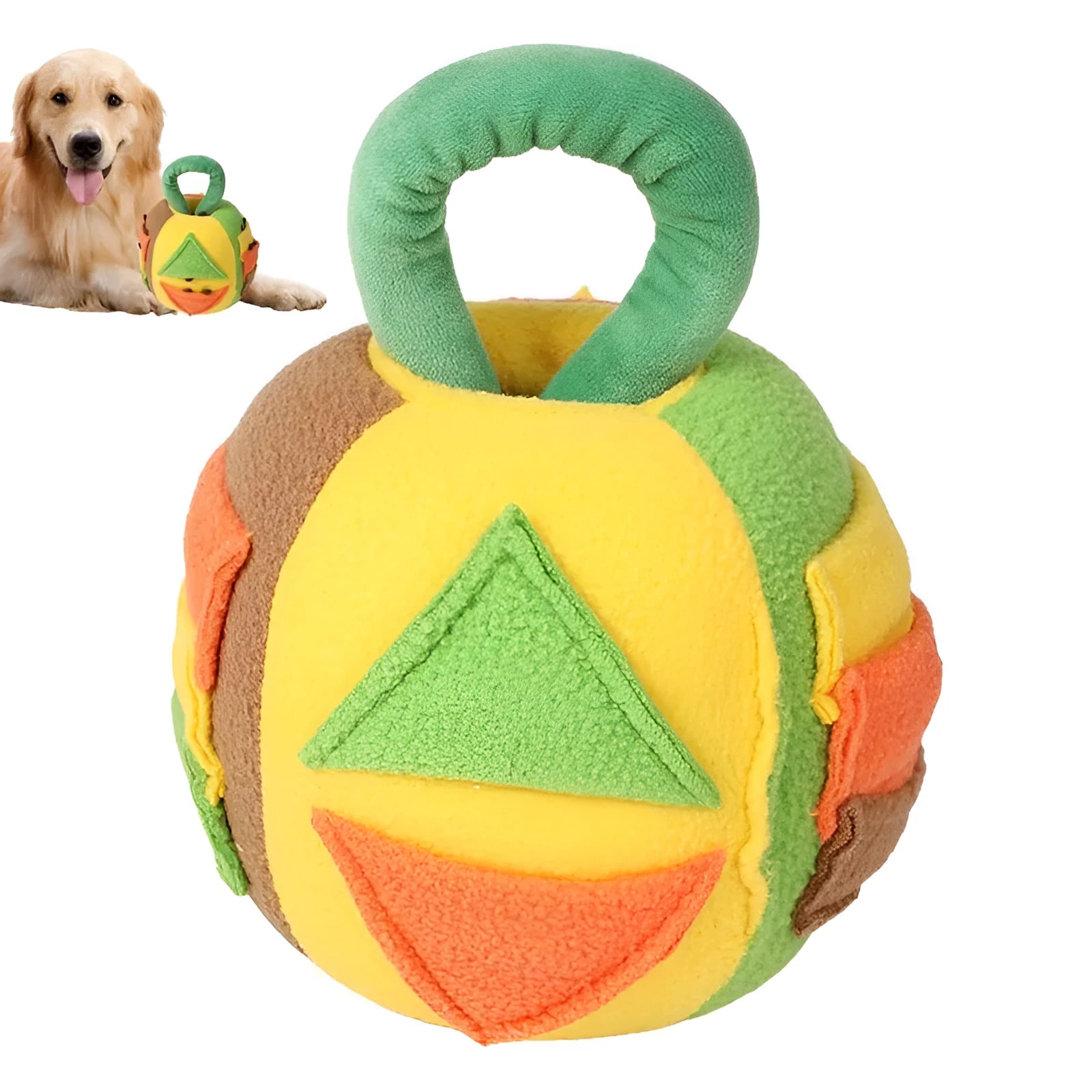 Pink and green squeaky plush ball dog toy with treat pockets for small to medium breed dogs