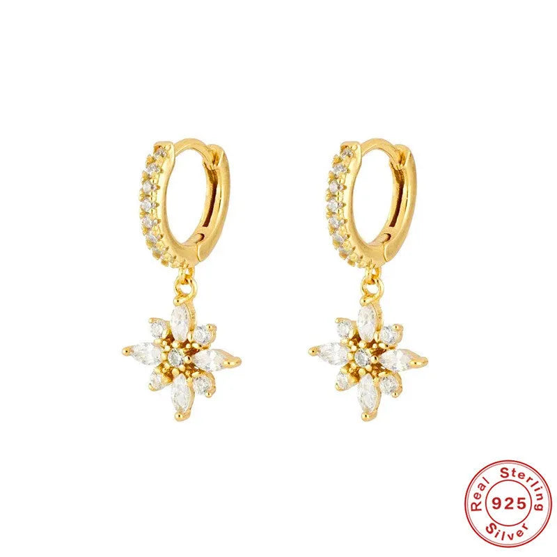 Sterling silver snowflake pendant earrings with geometric design in gold colour options
