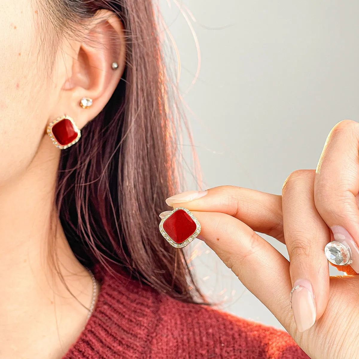 Red geometric alloy drop earrings with square detail for women.