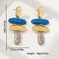 A pair of geometric stud earrings with a multicolour electroplated finish on a zinc alloy base.