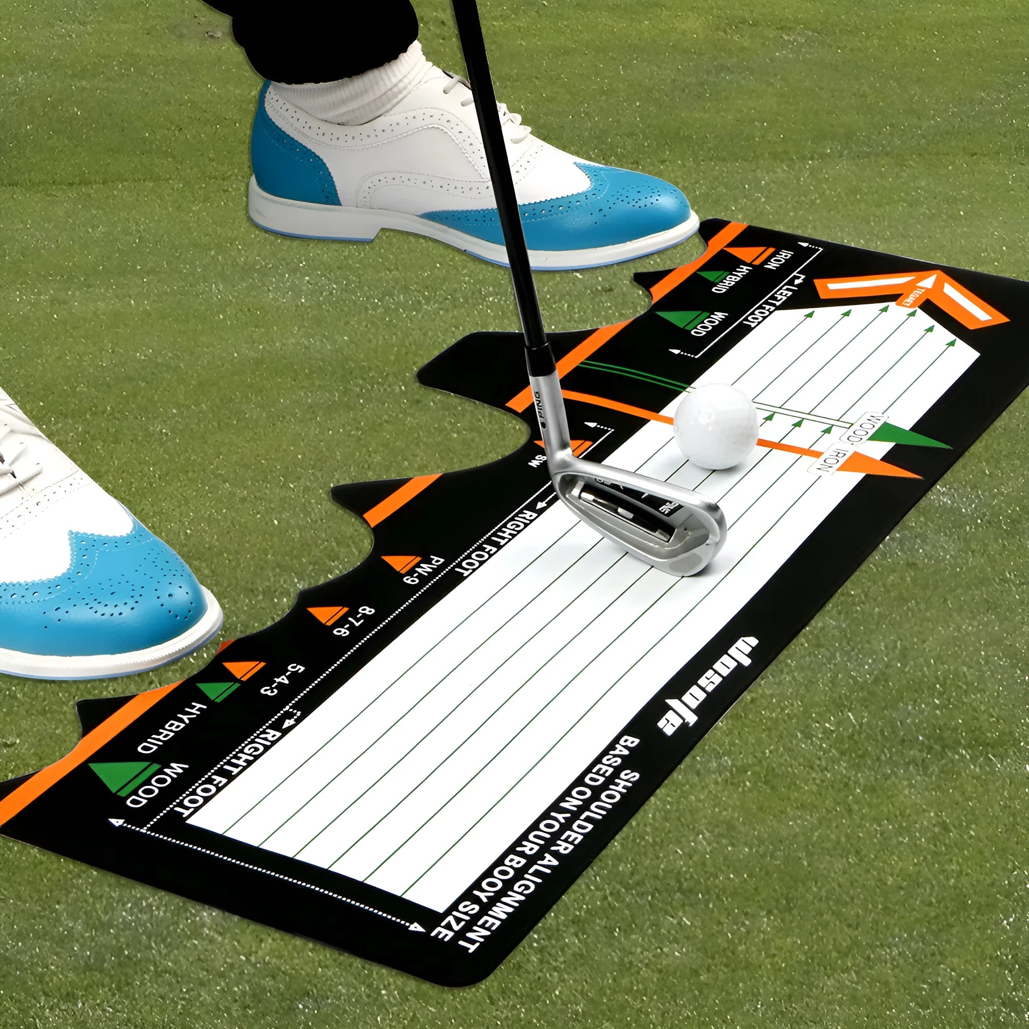 Black neoprene golf swing posture alignment mat for beginners.