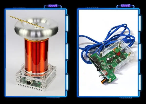 Tesla coil driver board with controller and cables for music-synchronised electrical arc generation
