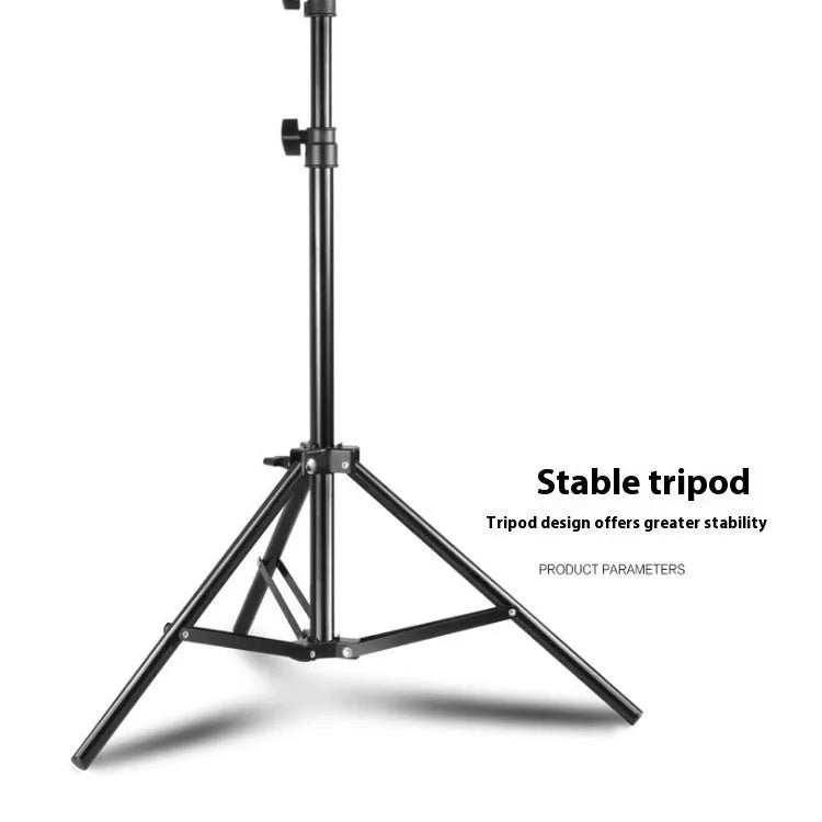 Black retractable mobile phone tripod with 1.1m, 1.6m, and 2.1m heights, metal ABS nylon build, 7kg load.