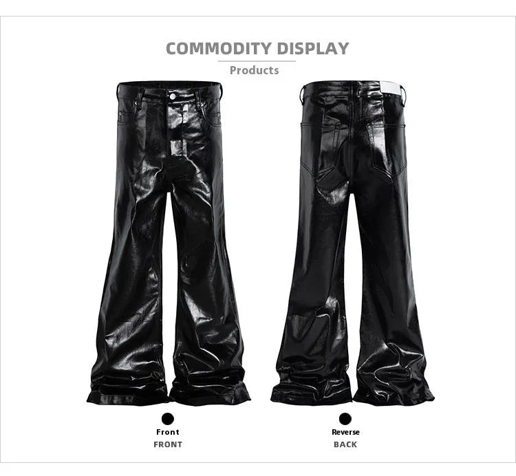 Black coated patent leather straight-leg skinny jeans on a model